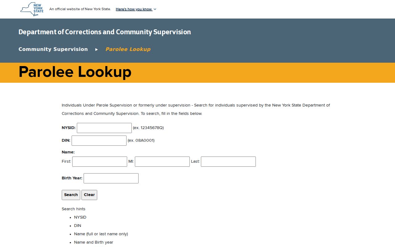 Schuyler County criminal history DOCCS parolee lookup form
