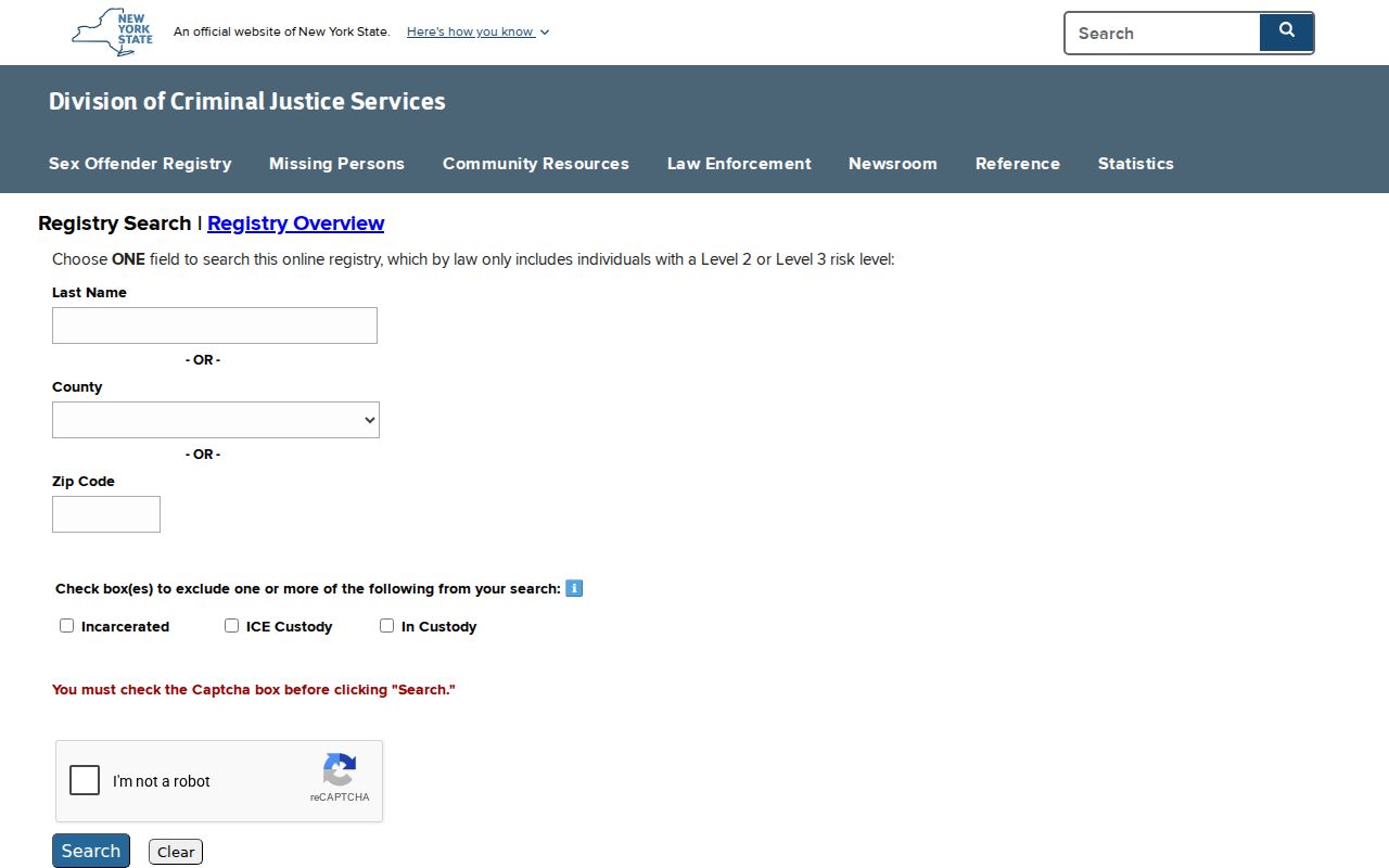 Schuyler County sex offender lookup on the New York registry search form